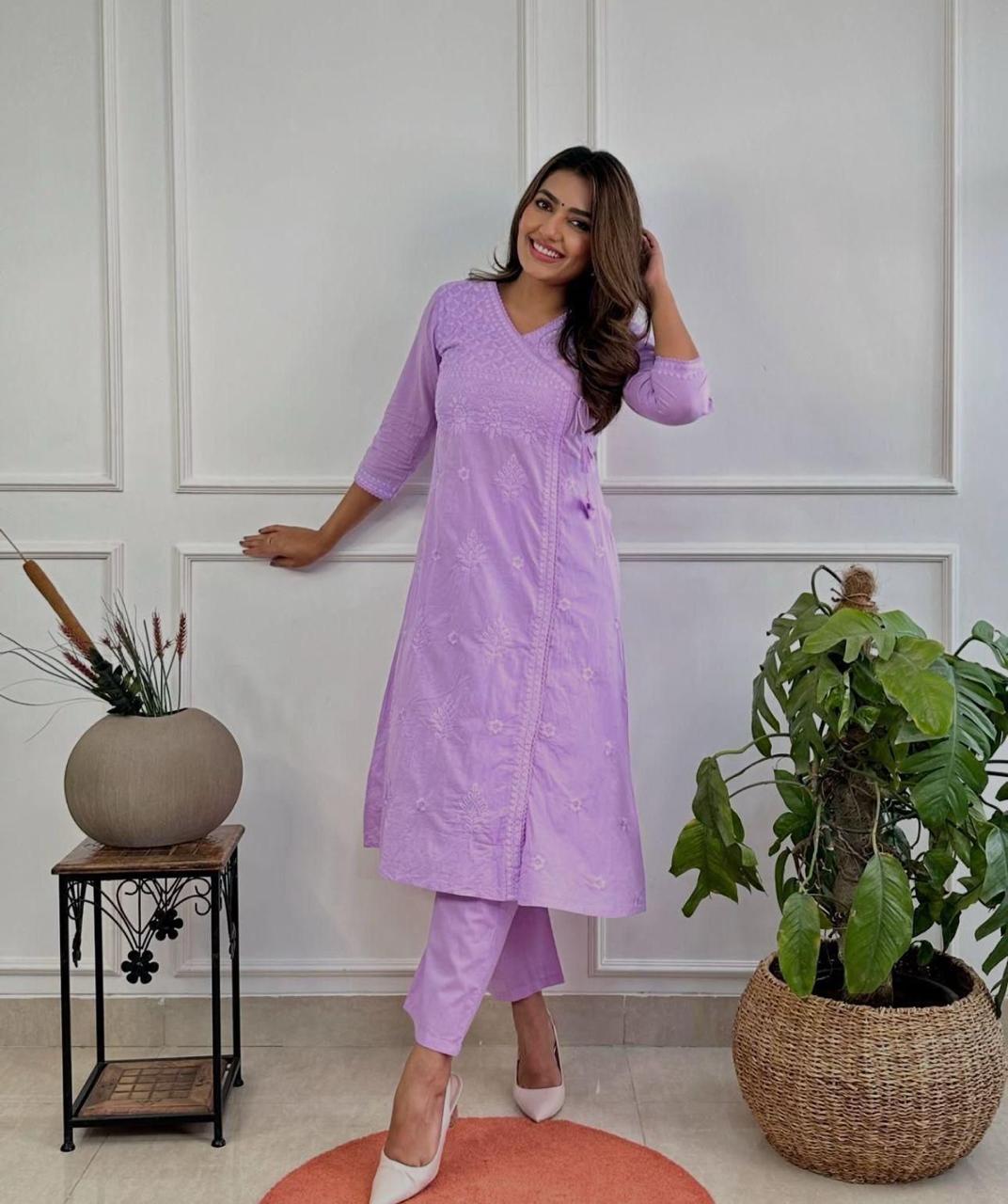 Lavender Embroidered Cotton Kurta Pant Set