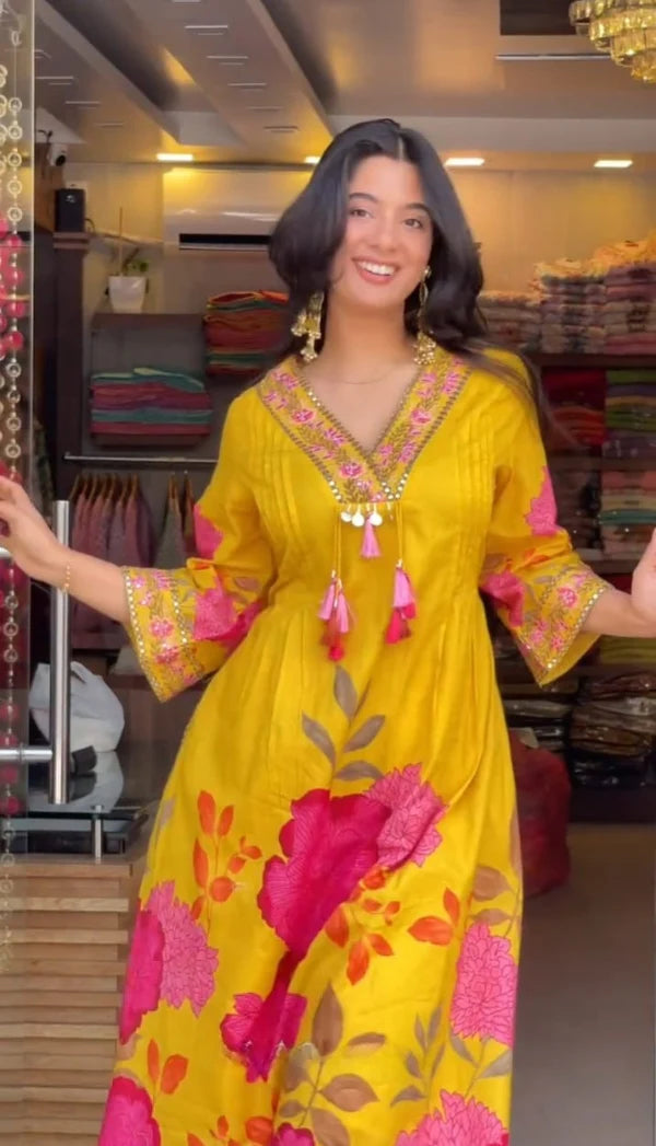 Women’s Yellow Cotton Floral Printed Anarkali Kurta with Tassel Detailing