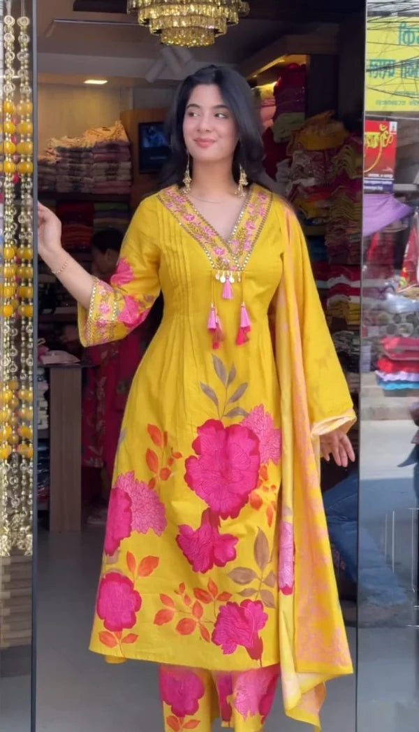 Women’s Yellow Cotton Floral Printed Anarkali Kurta with Tassel Detailing