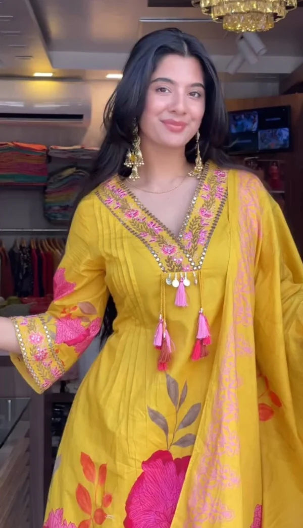 Women’s Yellow Cotton Floral Printed Anarkali Kurta with Tassel Detailing