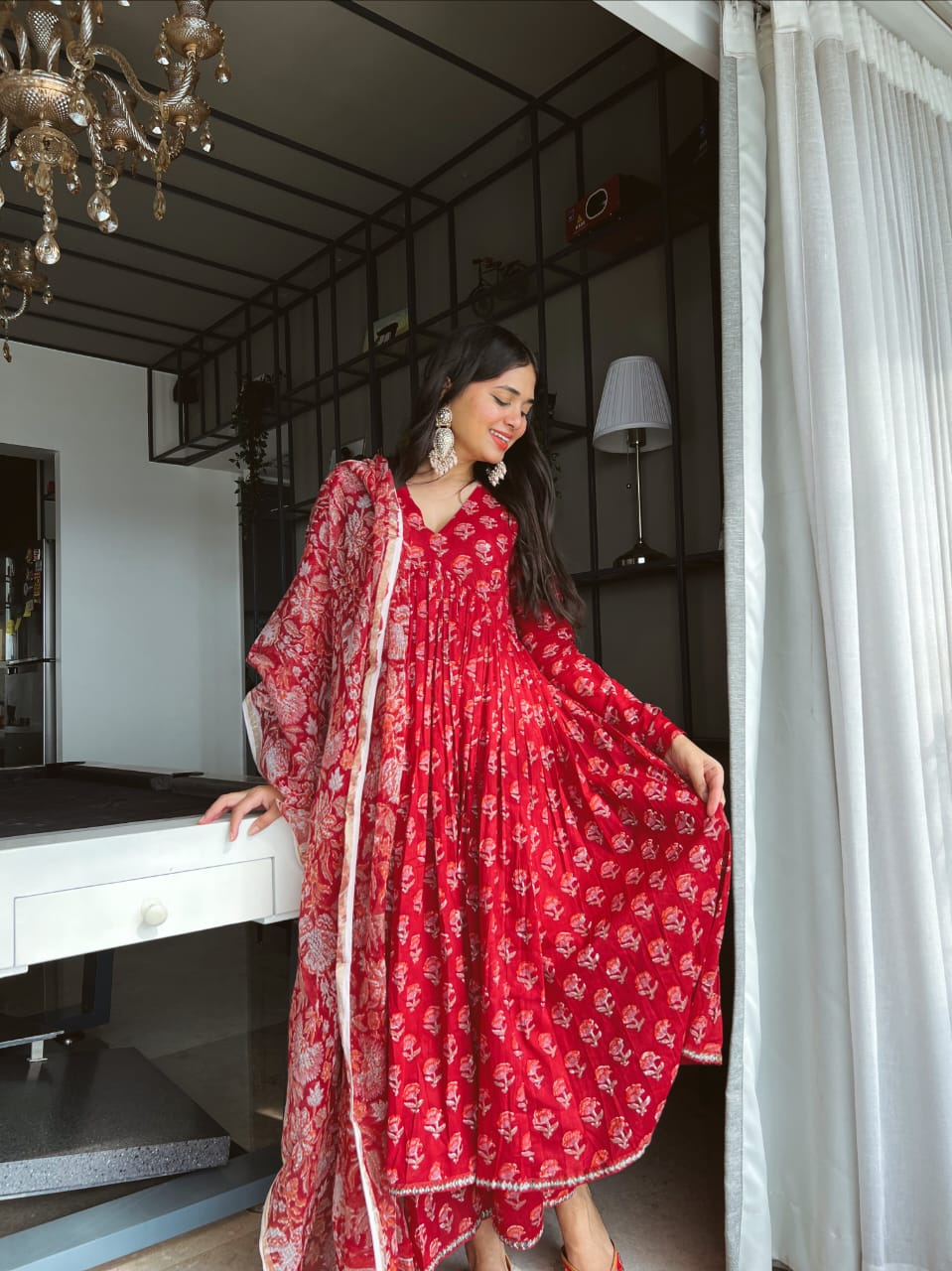 Red Floral Printed Anarkali Kurta Palazzo Set with Dupatta