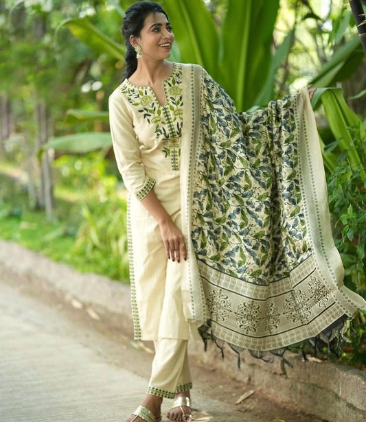 Elegant Beige Ethnic Kurta Set with Floral Dupatta