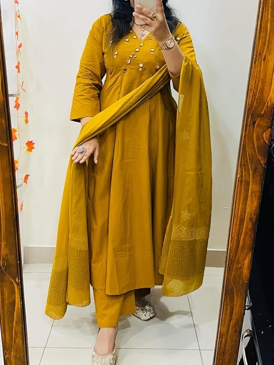 Premium Mustard Yellow Anarkali Kurti Pant Dupatta Set