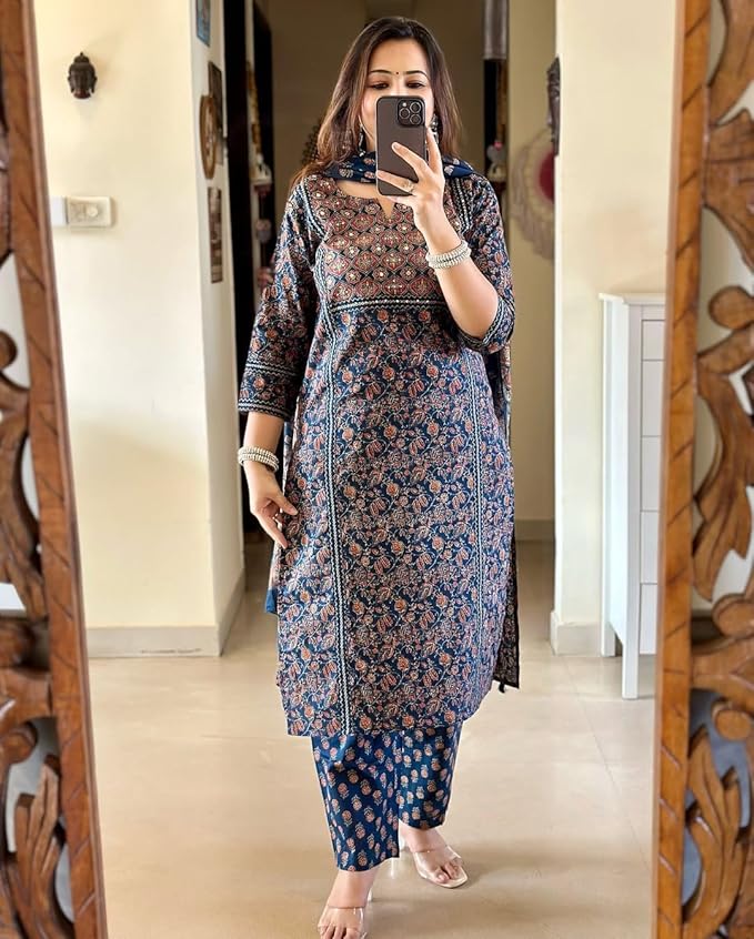 Navy Blue Ajrakh Printed Kurta Set with Dupatta