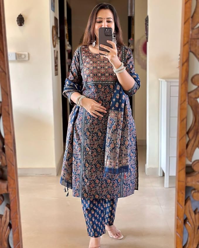 Navy Blue Ajrakh Printed Kurta Set with Dupatta