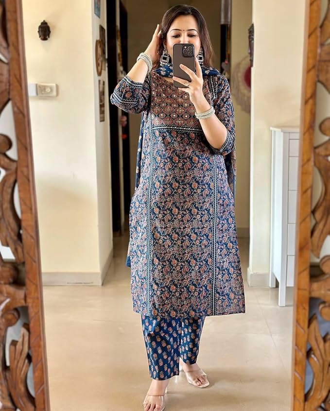 Navy Blue Ajrakh Printed Kurta Set with Dupatta