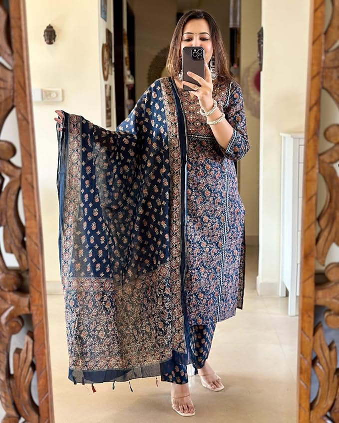 Navy Blue Ajrakh Printed Kurta Set with Dupatta