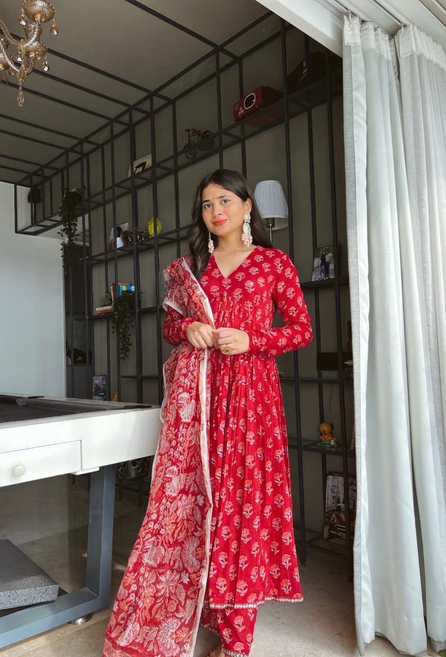 Red Floral Printed Anarkali Kurta Palazzo Set with Dupatta