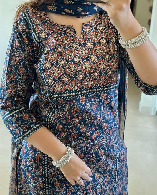 Navy Blue Ajrakh Printed Kurta Set with Dupatta