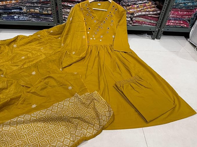 Premium Mustard Yellow Anarkali Kurti Pant Dupatta Set