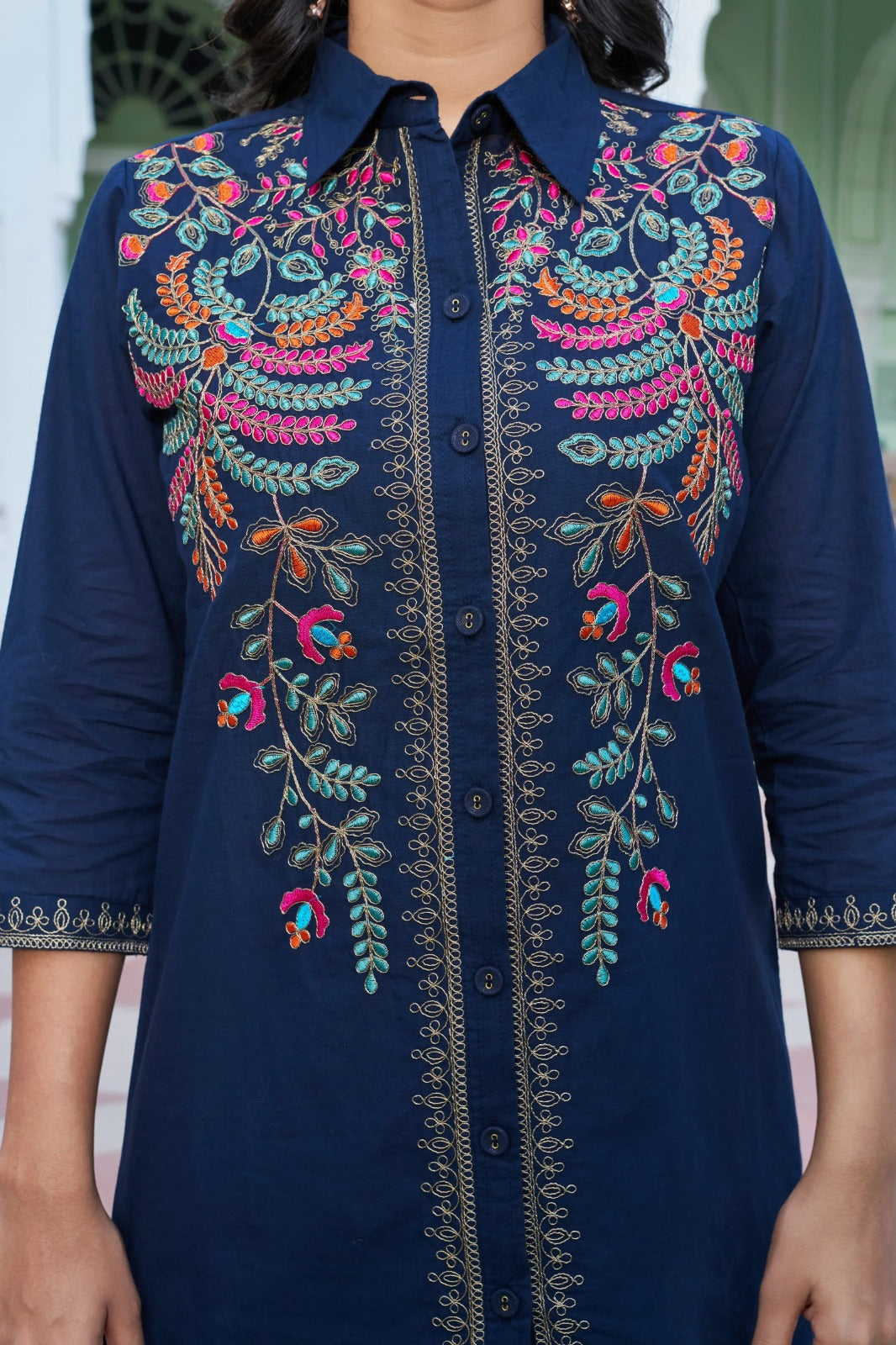 Navy Blue Embroidered Cotton Kurta Pant Set