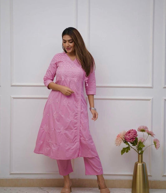 Pink Embroidered Cotton Kurta Pant Se