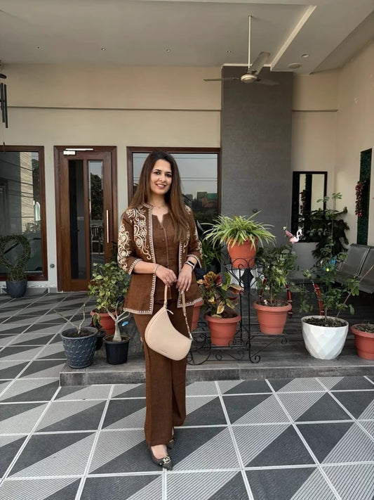 Women's Premium Coffee Brown Straight Kurta Palazzo Set