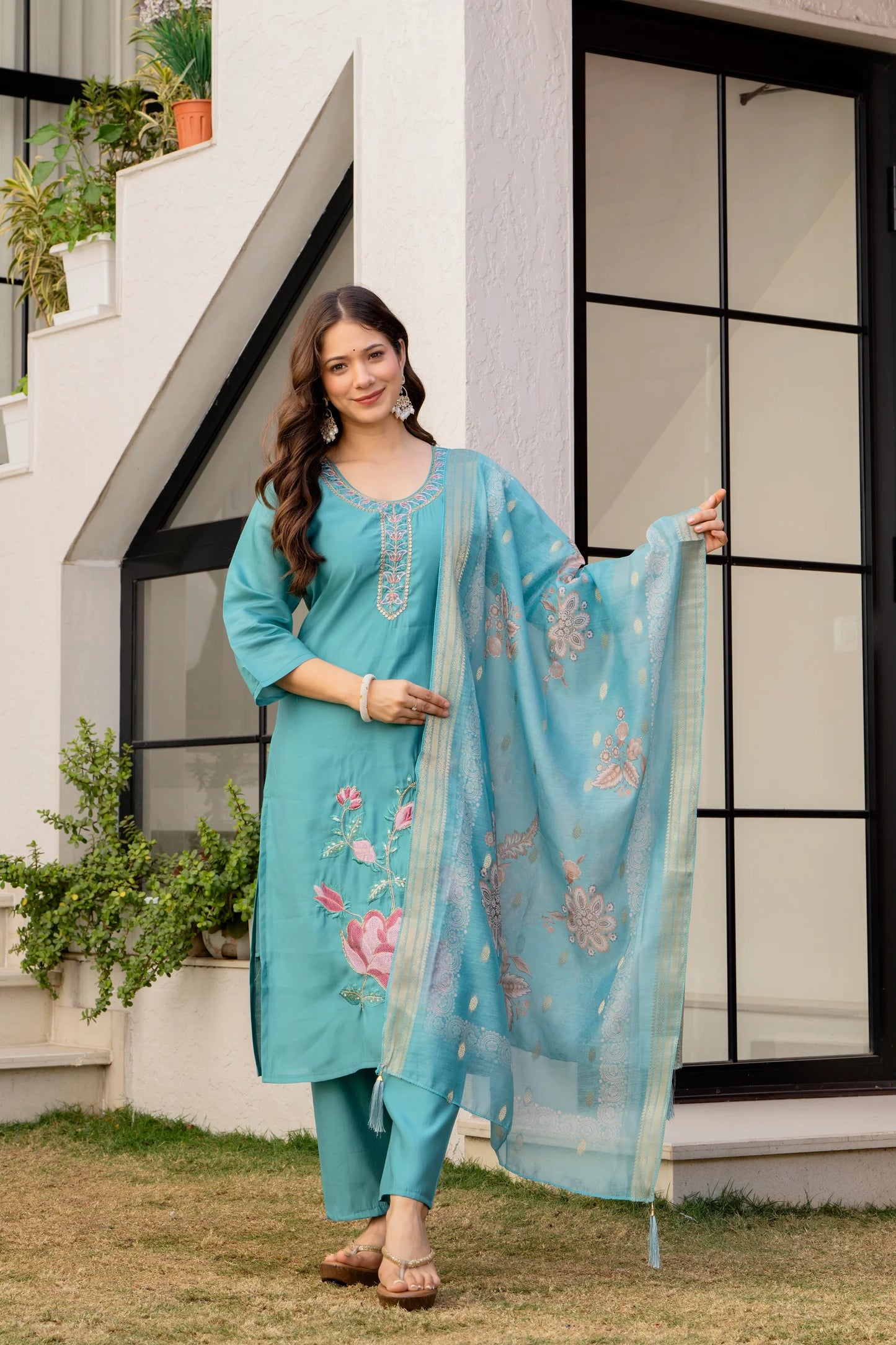 Teal Blue Embroidered Kurta Set with Floral Dupatta