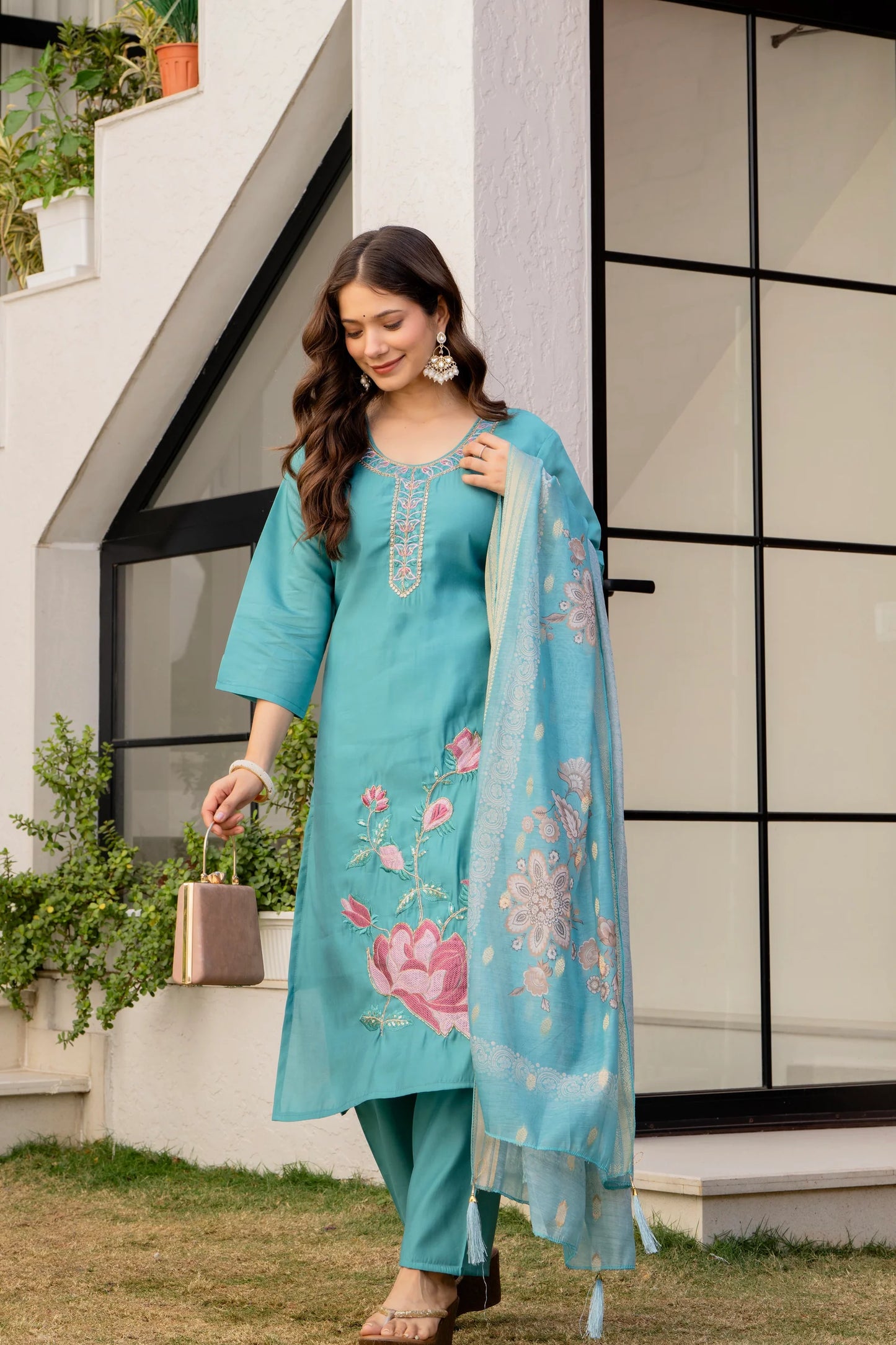 Teal Blue Embroidered Kurta Set with Floral Dupatta