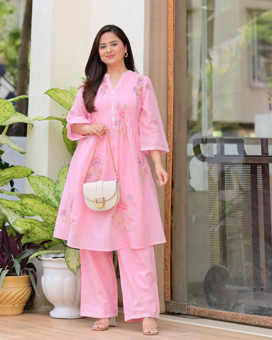 Jaipur  Premium Blush Pink Floral Embroidered A-Line Kurta