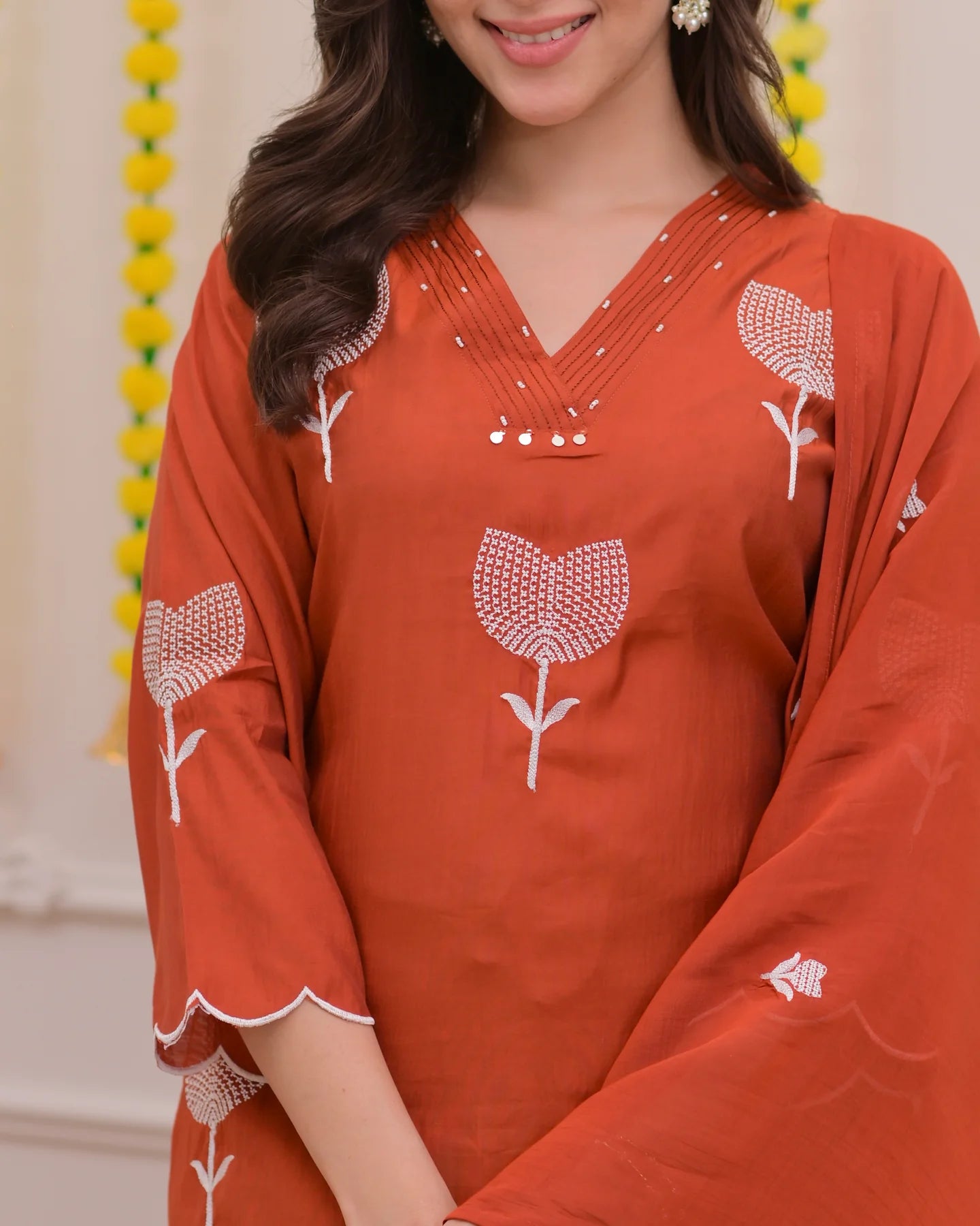 Rust Bloom Threaded Floral Printed Kurta Set with Dupatta