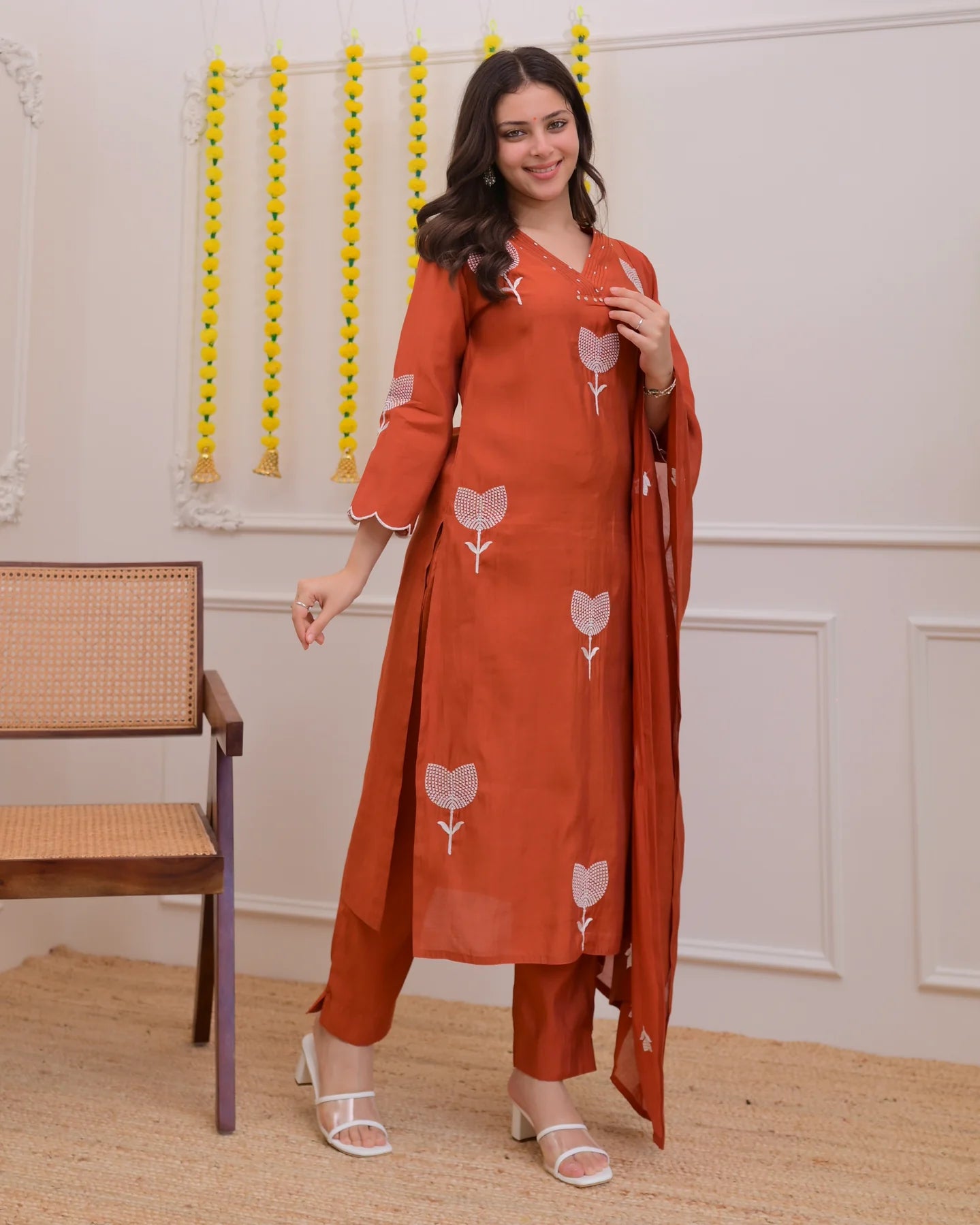 Rust Bloom Threaded Floral Printed Kurta Set with Dupatta