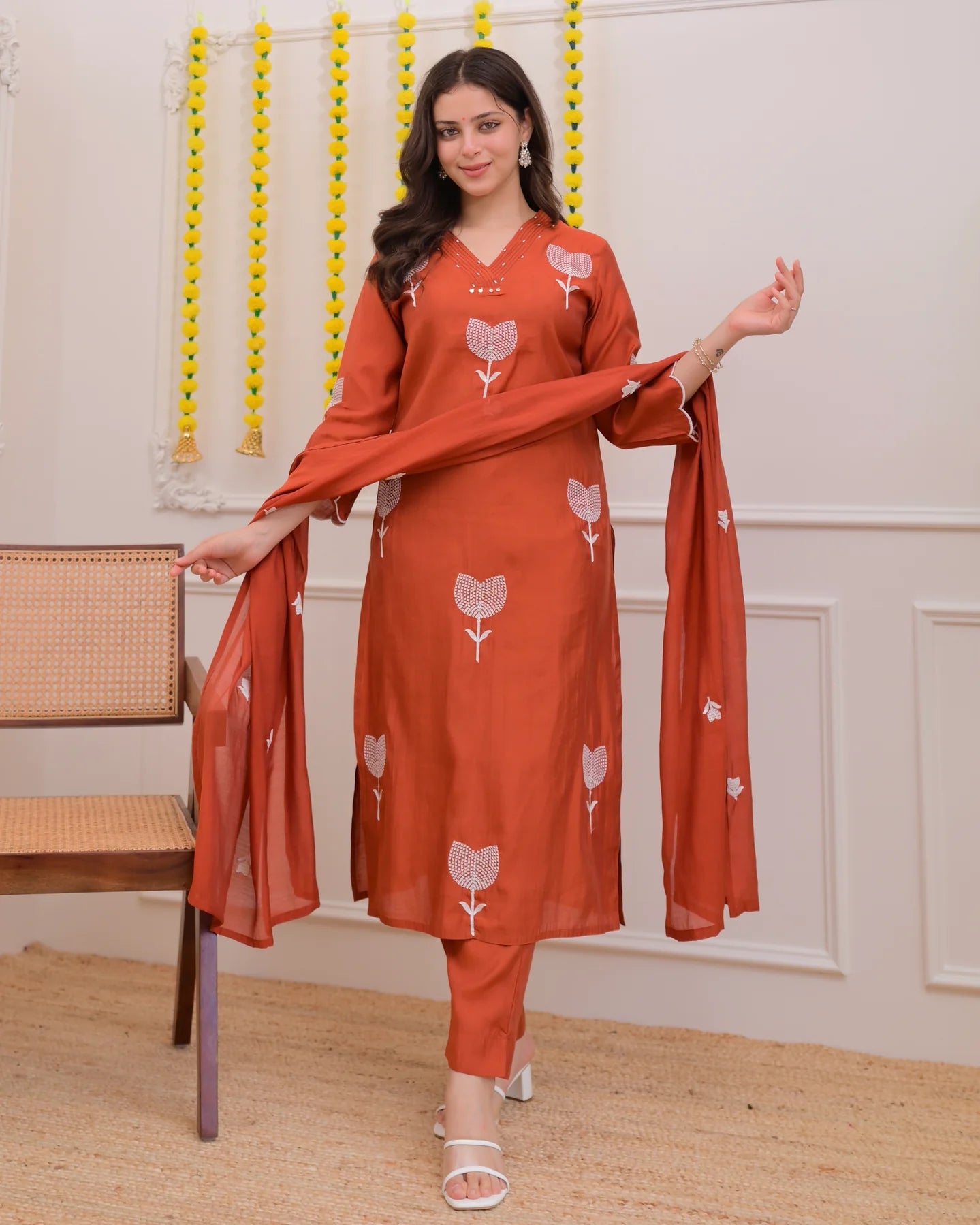 Rust Bloom Threaded Floral Printed Kurta Set with Dupatta