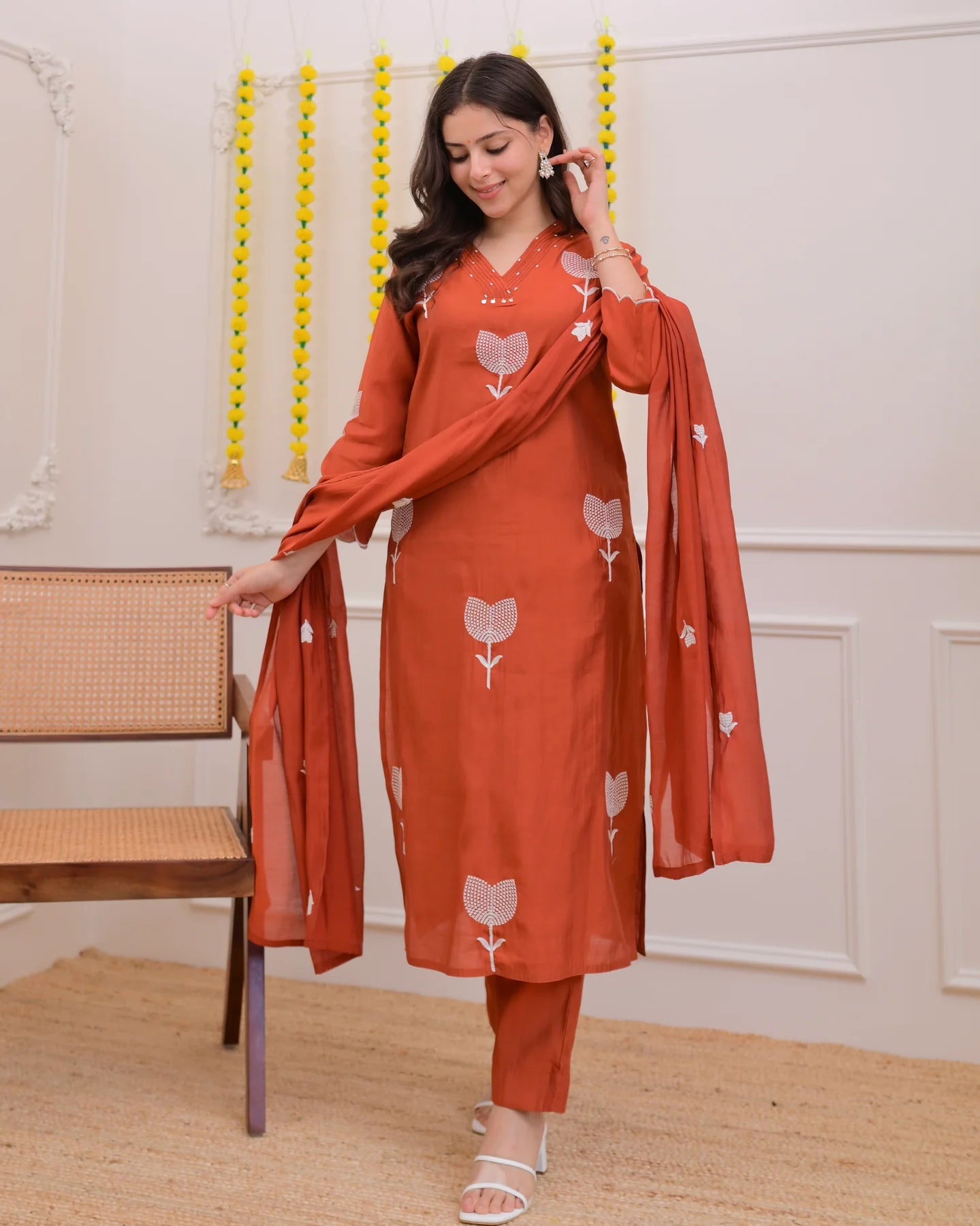 Rust Bloom Threaded Floral Printed Kurta Set with Dupatta