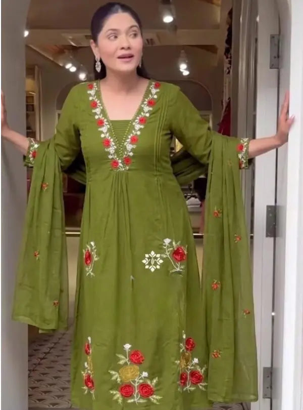 Olive Green Floral Embroidered Cotton Kurta Pant Dupatta Set