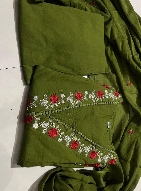 Olive Green Floral Embroidered Cotton Kurta Pant Dupatta Set