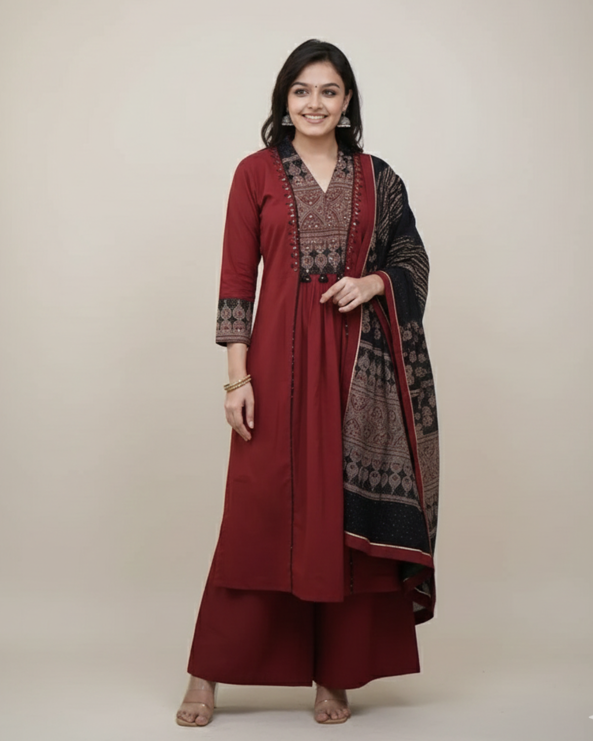 Maroon Printed Kurta Set with Contrast Dupatta