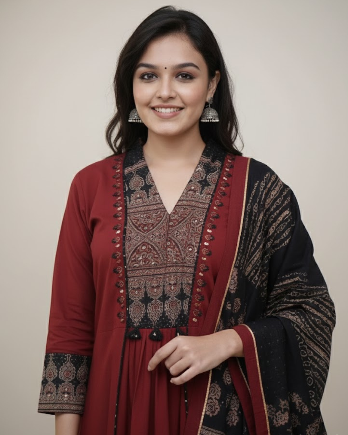 Maroon Printed Kurta Set with Contrast Dupatta