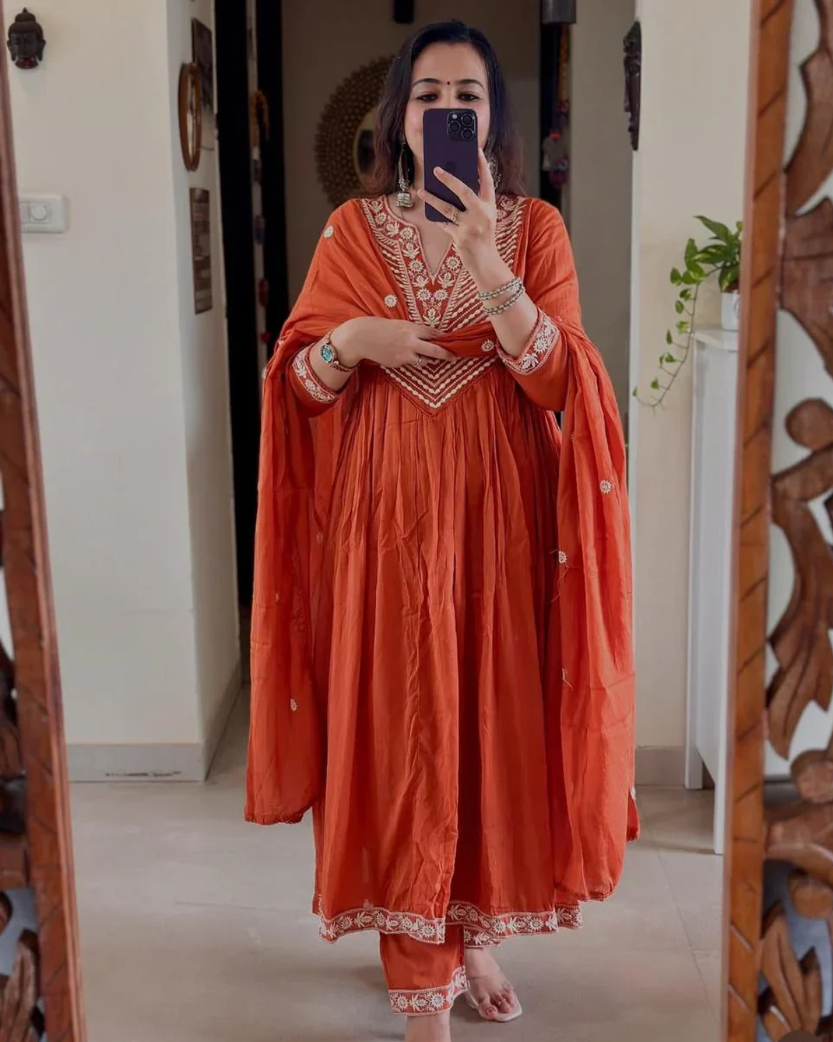 Rust Orange Embroidered Cotton Anarkali Set with Dupatta