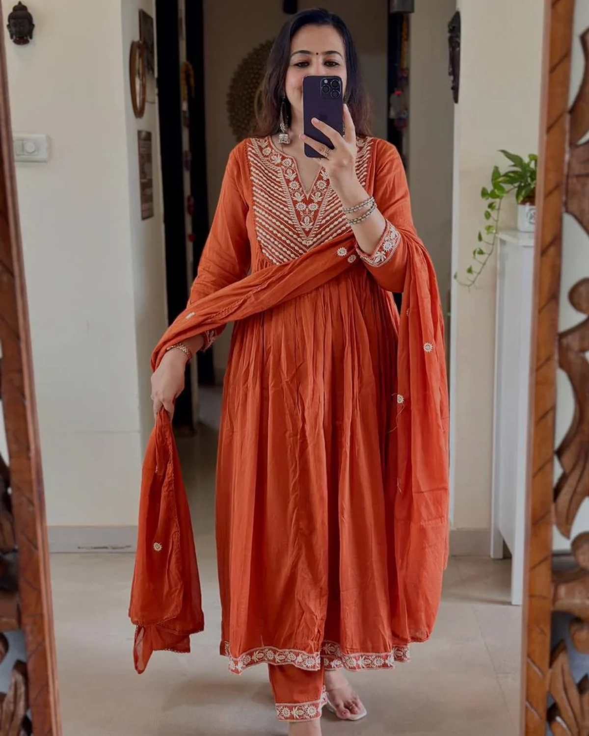 Rust Orange Embroidered Cotton Anarkali Set with Dupatta