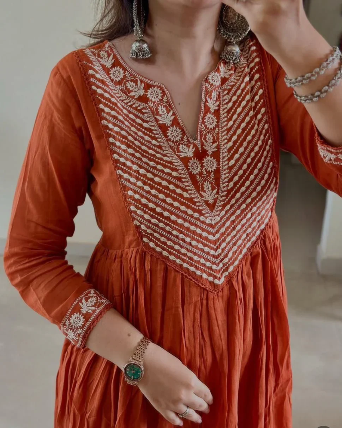 Rust Orange Embroidered Cotton Anarkali Set with Dupatta