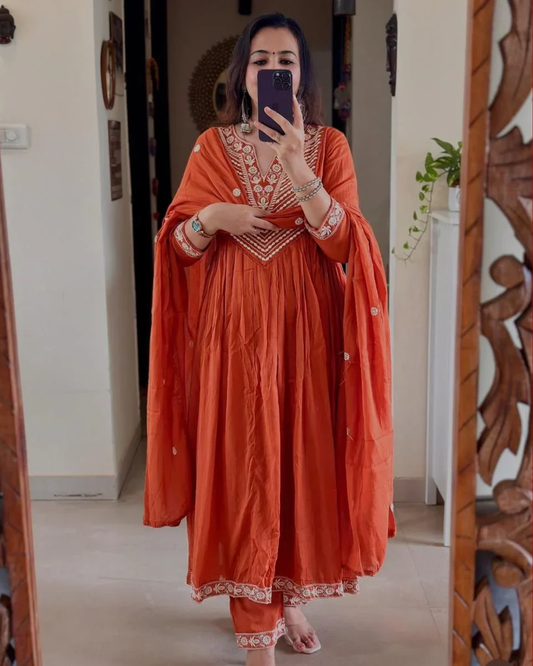 Rust Orange Embroidered Cotton Anarkali Set with Dupatta