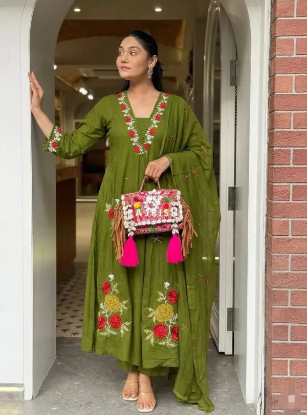 Olive Green Floral Embroidered Cotton Kurta Pant Dupatta Set