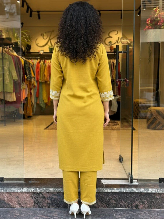 Jaipur Kurta Mustard Yellow Cotton Kurta With White Embroidery