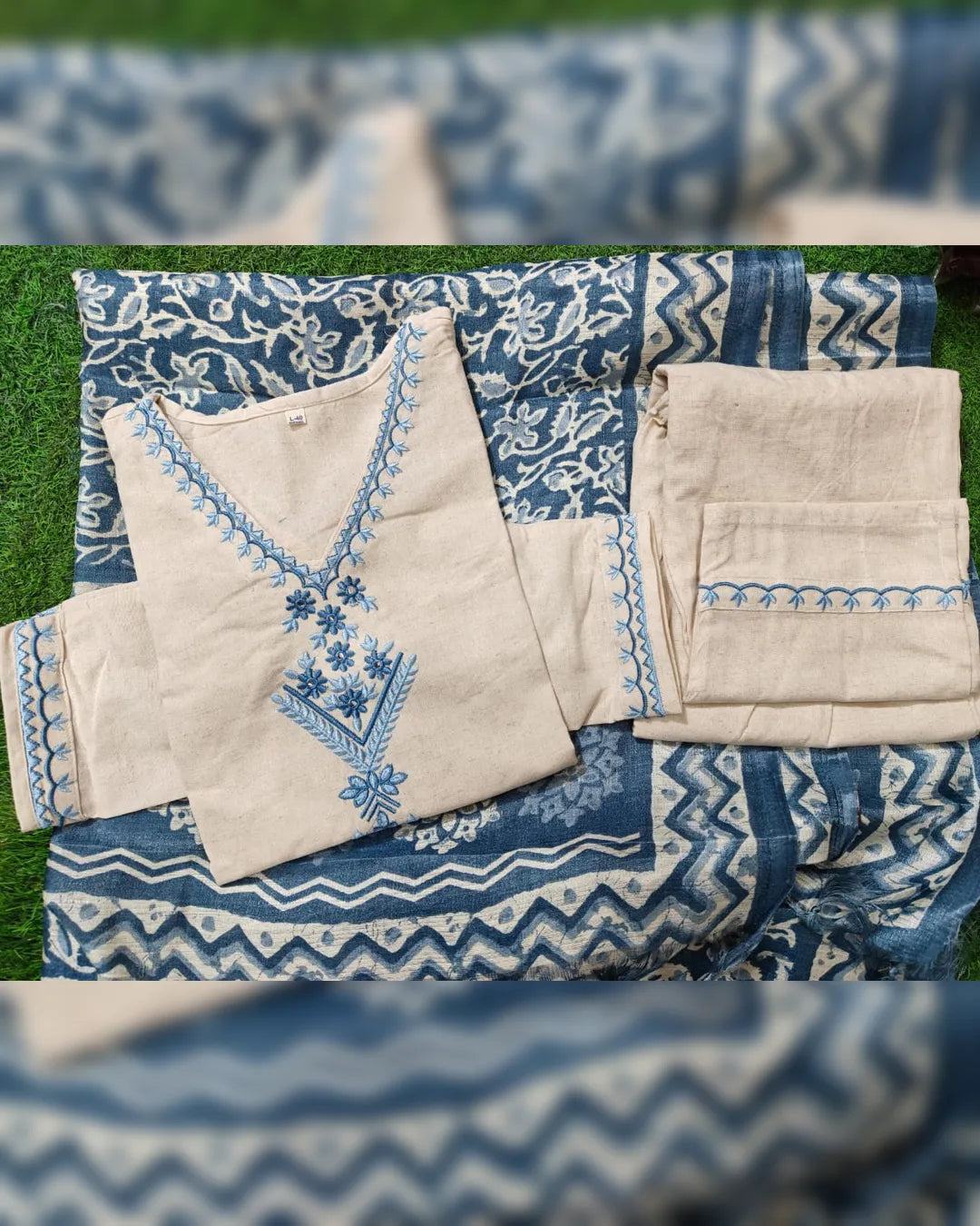 Elegant Handloom Cotton Embroidered Kurta Set with Dupatta