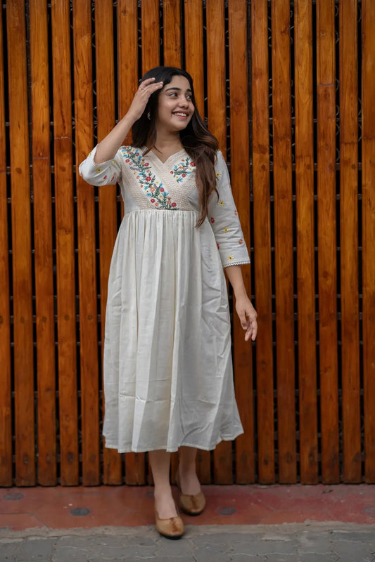 Elegant Ivory Embroidered Cotton Kurti