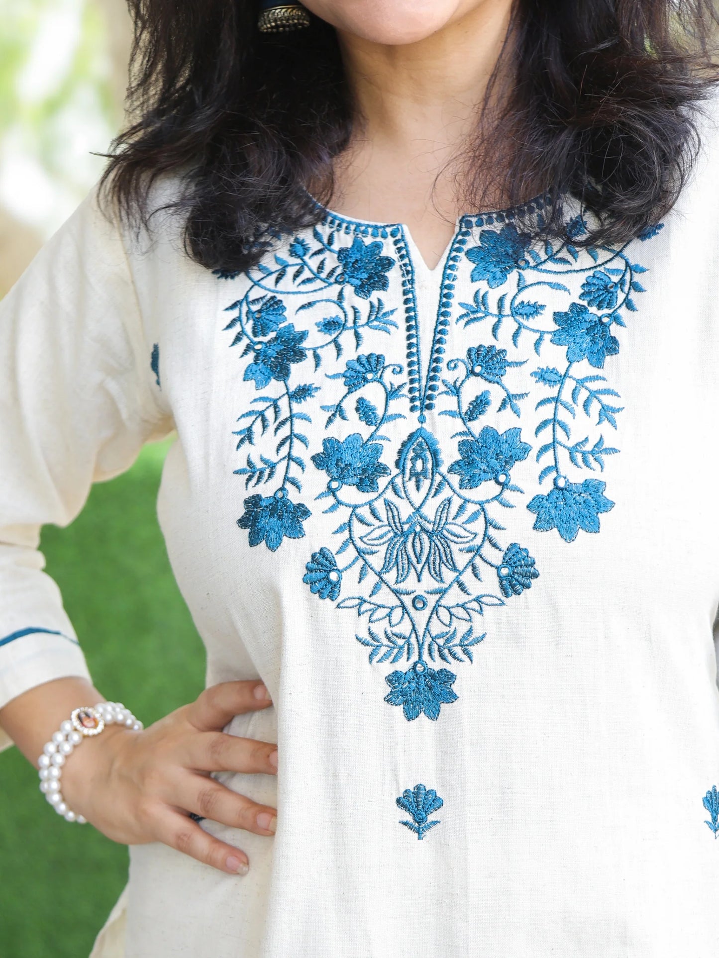 Cream White with Blue Thread Embroidery Neck Work Cotton Kurti