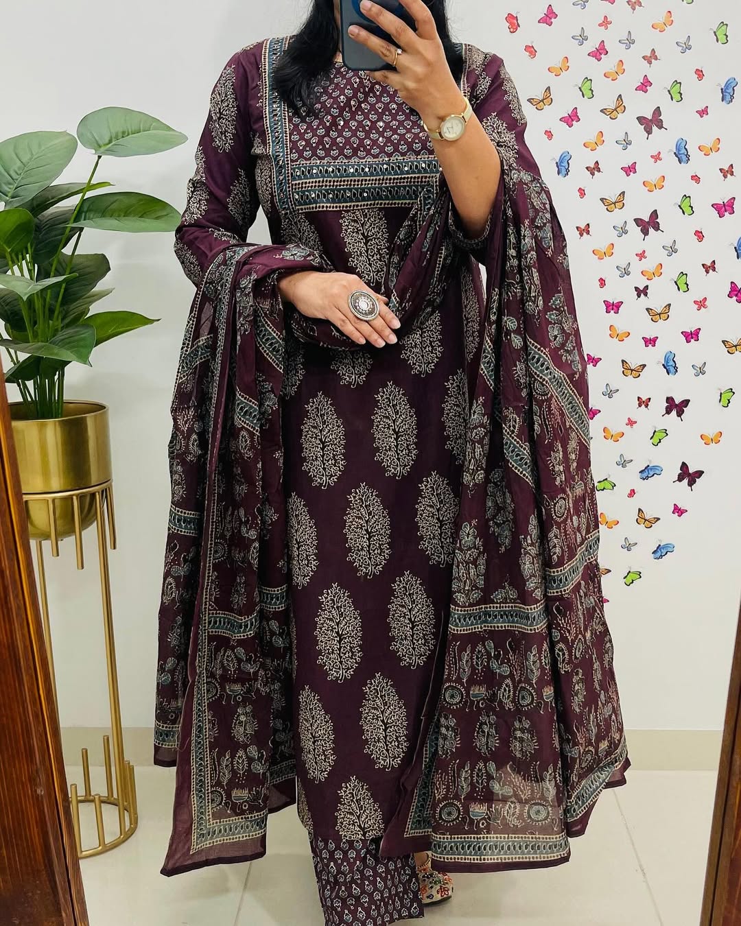 Wine Ajrakh Printed Kurta Pant Dupatta Set