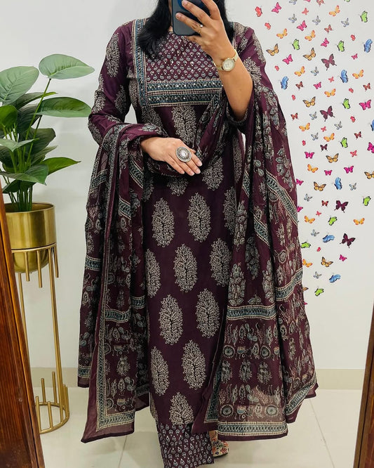 Wine Ajrakh Printed Kurta Pant Dupatta Set