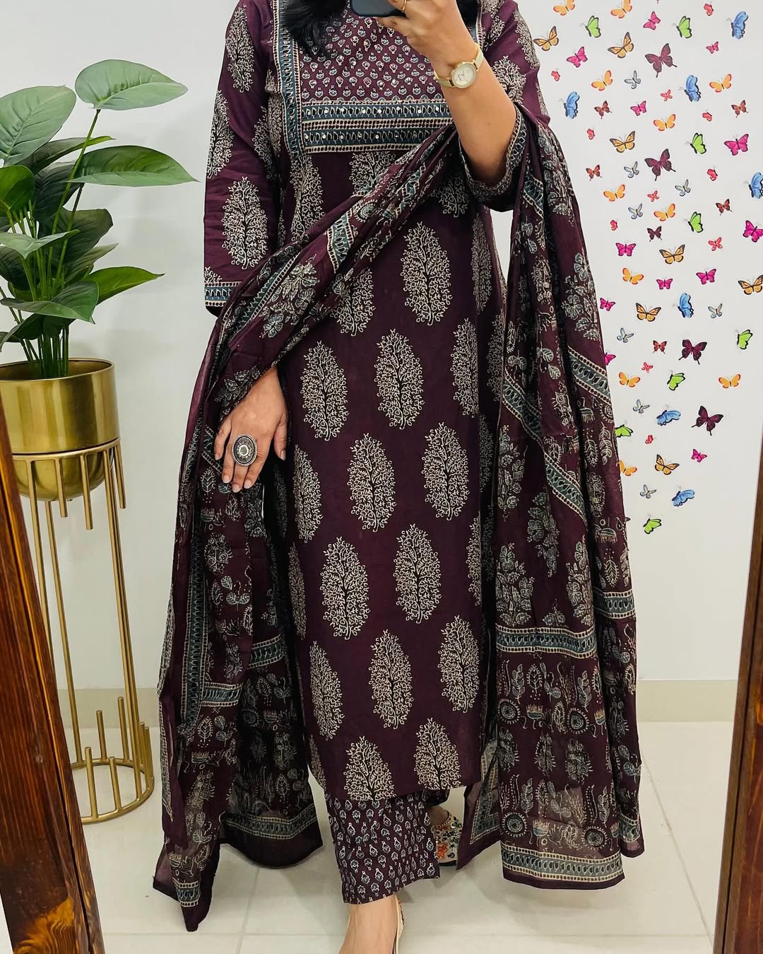 Wine Ajrakh Printed Kurta Pant Dupatta Set