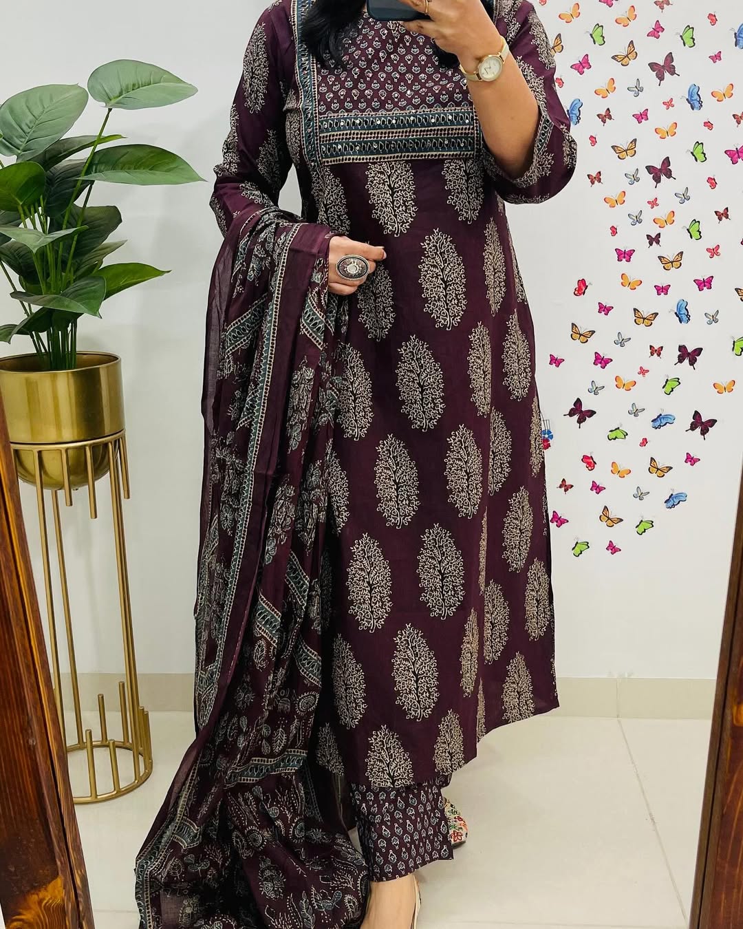 Wine Ajrakh Printed Kurta Pant Dupatta Set