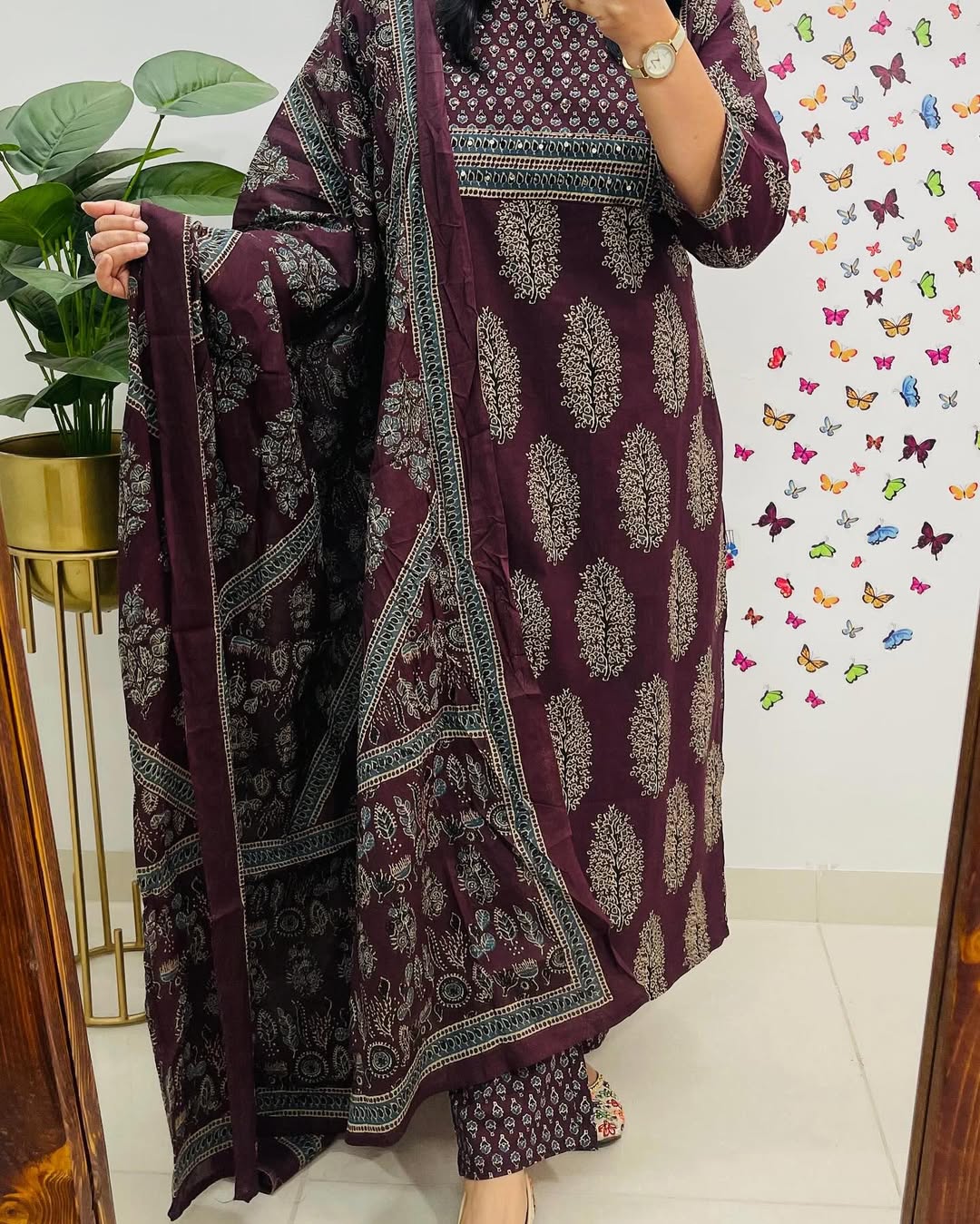 Wine Ajrakh Printed Kurta Pant Dupatta Set