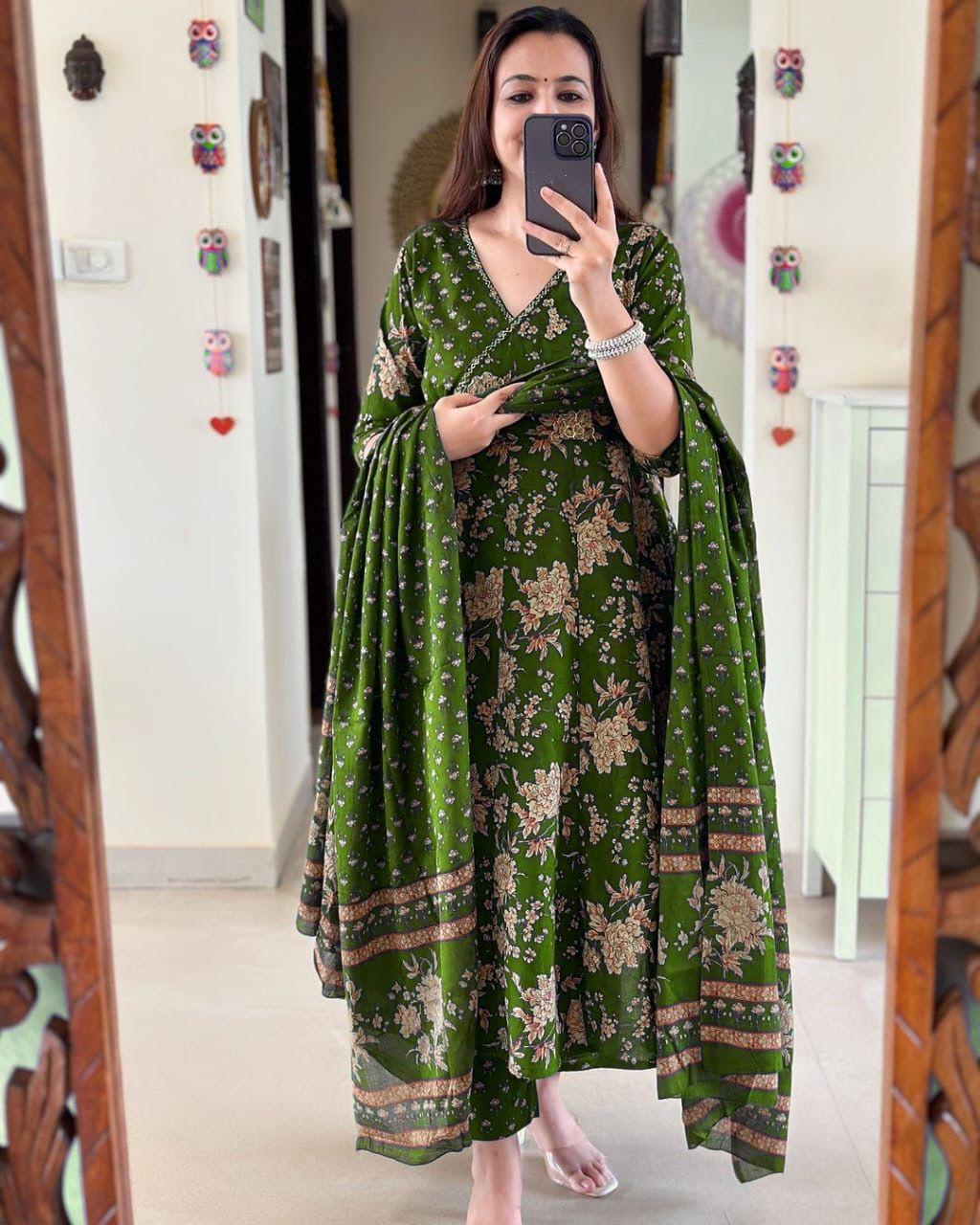 Jaipur Premium Anarkali Kurta Set With Angrakha Style For Women (Dark Green)