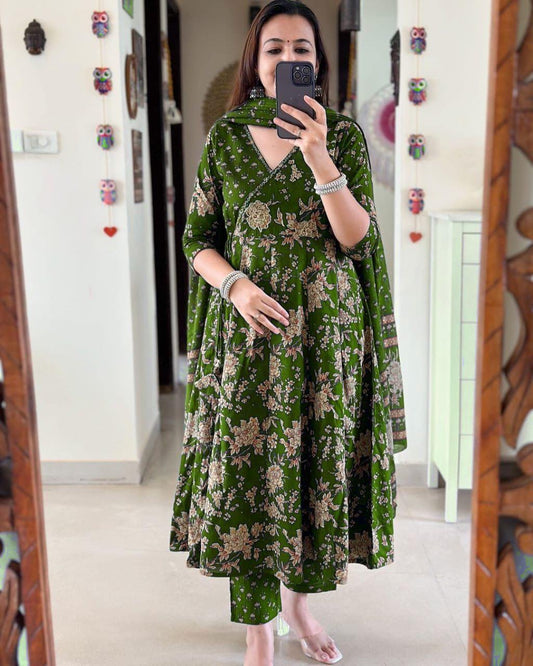 Jaipur Premium Anarkali Kurta Set With Angrakha Style For Women (Dark Green)