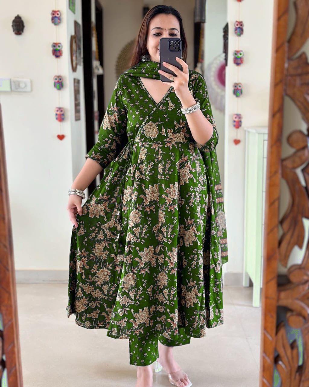 Jaipur Premium Anarkali Kurta Set With Angrakha Style For Women (Dark Green)