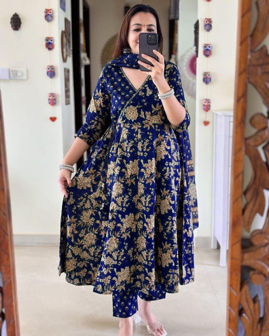 Jaipur Premium Anarkali Kurta Set With Angrakha Style For Women (Blue)