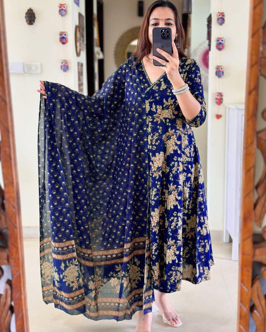 Jaipur Premium Anarkali Kurta Set With Angrakha Style For Women (Blue)