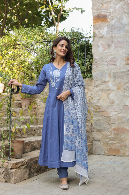 Jaipur Premium  Blue Cotton Anarkali Set Women Suit