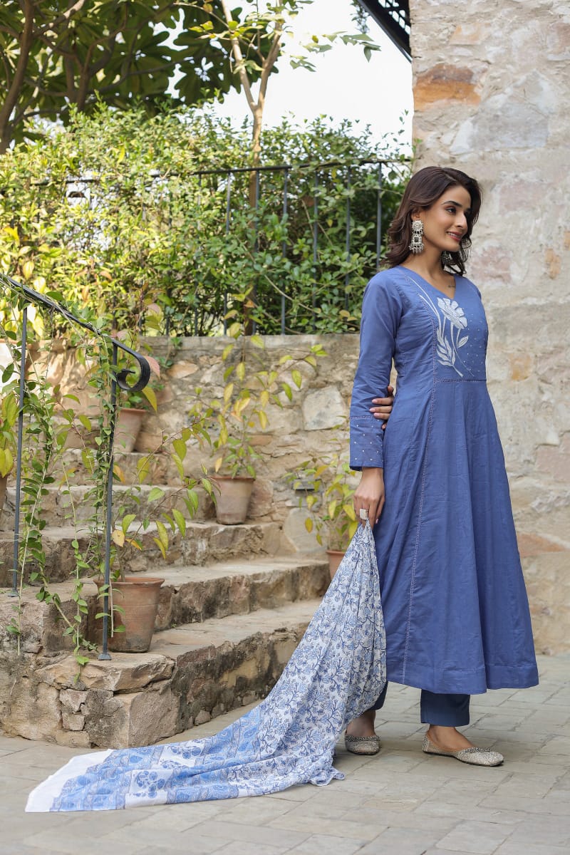 Jaipur Premium  Blue Cotton Anarkali Set Women Suit