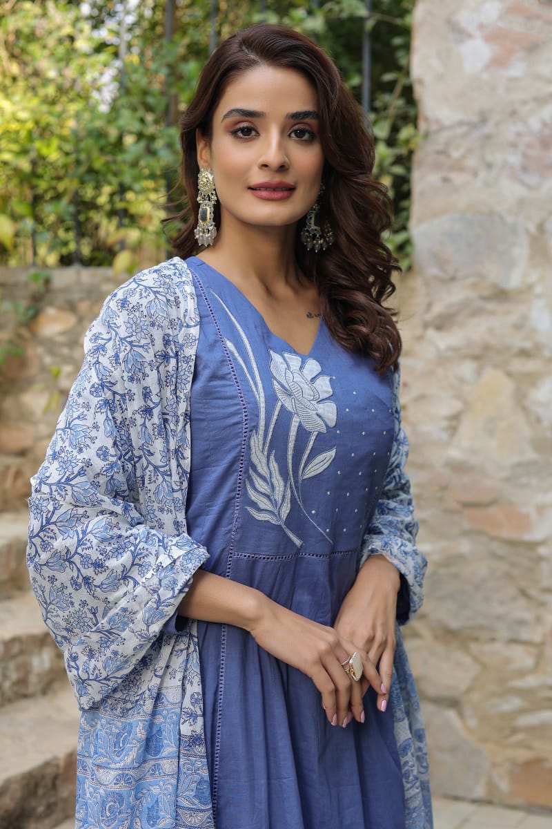 Jaipur Premium  Blue Cotton Anarkali Set Women Suit